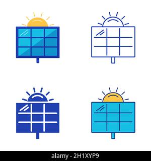Icona del pannello solare impostata in stile piatto e lineare. Simbolo della fonte di energia alternativa. Illustrazione vettoriale. Illustrazione Vettoriale
