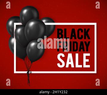 Poster di vendita Black Friday con palloncini neri realistici. Illustrazione vettoriale. Illustrazione Vettoriale