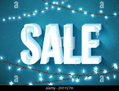 Natale vendita poster con i fiocchi di neve e le luci di Natale, illustrazione vettoriale Illustrazione Vettoriale