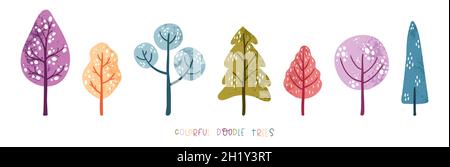 Incantevoli alberi colorati disegnati a mano, sfondo autunnale, divertente elemento di design noodle Illustrazione Vettoriale