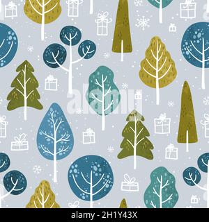 Splendidi alberi colorati disegnati a mano, tema invernale, legno di doodle con scatole regalo e fiocchi di neve - ottimo per tessuti, striscioni, confezioni, sfondi - vecto Illustrazione Vettoriale