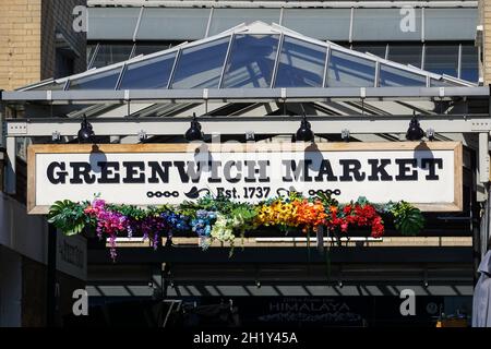 Mercato di Greenwich segno, Londra Inghilterra Regno Unito Regno Unito Foto Stock