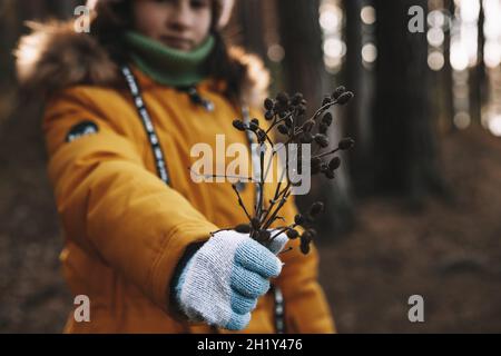 Una ragazza in una giacca arancione calda tiene un ramo asciutto. Bouquet stagionale autunnale. Messa a fuoco soft. Mani in guanti caldi in maglia primo piano. Tonalità vintage. Foto Stock