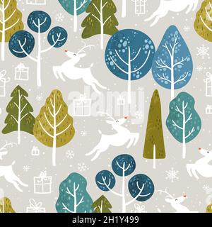 Splendidi alberi colorati disegnati a mano, tema invernale, legno di doodle con scatole regalo e fiocchi di neve - ottimo per tessuti, striscioni, confezioni, sfondi - vecto Illustrazione Vettoriale