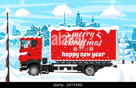 Camion di consegna di Natale in città. Illustrazione Vettoriale