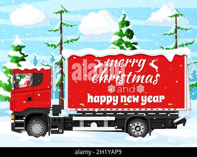 Consegna natalizia camion e Snowy Landscape. Illustrazione Vettoriale