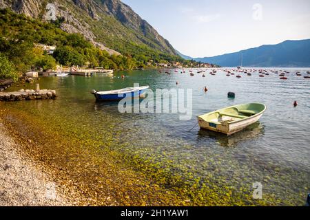 Barca da pesca su una fattoria di ostriche nella baia di Kotor, Montenegro Foto Stock