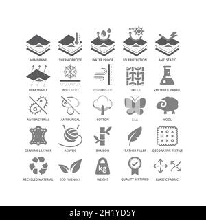 Set di icone vettoriali delle funzioni del materiale del tessuto. Caratteristiche e proprietà dei tessuti simboli glyph neri. Illustrazione Vettoriale