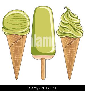 Set di illustrazioni a colori con gustoso gelato al pistacchio. Oggetti vettoriali isolati su sfondo bianco. Illustrazione Vettoriale
