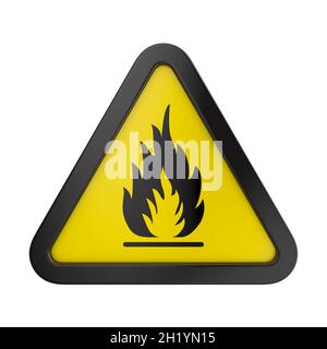 Segnale di avvertimento incendio nel triangolo giallo. Sostanze infiammabili e infiammabili su sfondo bianco. Illustrazione 3D isolata Foto Stock