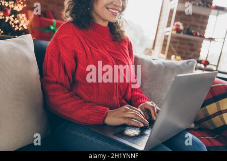 Foto ritagliata di diligente signora freelancer remoto preparare annuale rapporto di dicembre indossare maglione in casa decorata interni Foto Stock