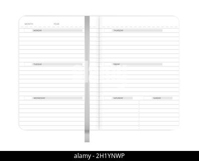 Aprire il notebook con il segnalibro della barra multifunzione. Pianificatore di diario di affari. Modello vettoriale Illustrazione Vettoriale