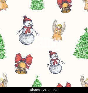 Natale disegno a mano vettore senza giunture sfondo modello. Campane, Snowman, Angel e Christmas Tree Sketches Card o modello di copertina. Decorazione di festa Illustrazione Vettoriale
