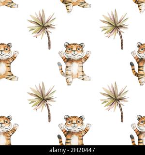 Cartoon cute baby tigre modello senza cuciture. Disegno a mano acquerello clip art isolato su sfondo bianco Foto Stock