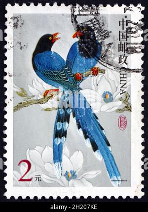 CINA, REPUBBLICA POPOLARE DI - CIRCA 2000: Un francobollo stampato in Cina mostra Taiwan maggie blu, urocissa caerulea, uccello, circa 2000 Foto Stock