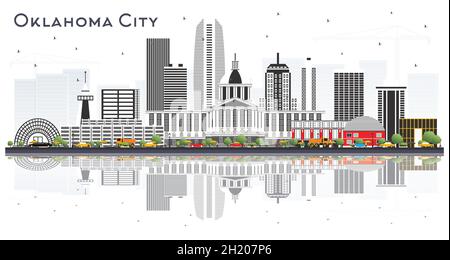 Oklahoma City USA Skyline con edifici grigi e riflessi isolati su bianco. Illustrazione vettoriale. Concetto di Turismo e Viaggi. Illustrazione Vettoriale