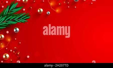 Decorazioni natalizie con cornice naturale in abete branches.Eco. Inverno, vacanze di nuovo anno concetto come vista dall'alto, copyspace. Modello di biglietto di auguri. Illustrazione vettoriale Illustrazione Vettoriale