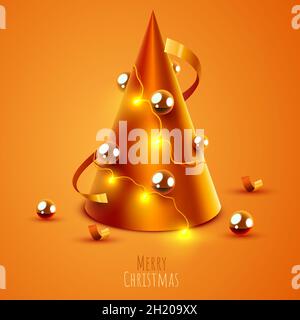 Albero di Natale fatto con cono d'oro. Buon Natale e felice anno nuovo banner. Illustrazione vettoriale Illustrazione Vettoriale
