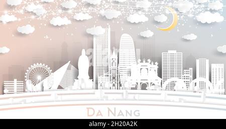 Da Nang Vietnam City Skyline in stile Paper Cut con edifici bianchi, Luna e Neon Garland. Illustrazione vettoriale. Concetto di Turismo e Viaggi. Illustrazione Vettoriale