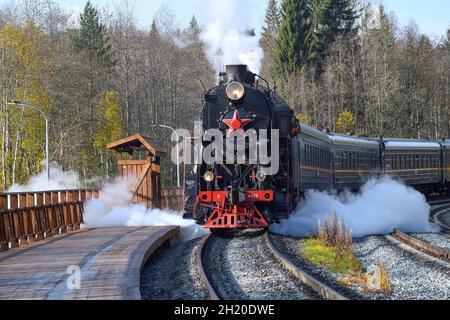 RUSKEALA, RUSSIA - 07 OTTOBRE 2021: Il treno turistico retrò "Ruskeala Express" arriva alla stazione di Ruskeala un giorno di ottobre soleggiato Foto Stock