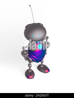 mini bot sta facendo una posa super eroe in bianco sfondo vista isometrica, illustrazione 3d Foto Stock