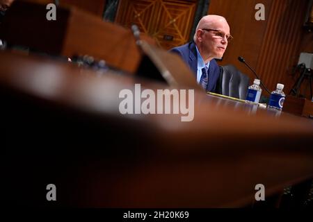 Washington, Vereinigte Staaten. 19 Ott 2021. Chris Magnus testimonia dinanzi al Comitato delle Finanze del Senato la sua nomina a prossimo commissario per le dogane e la protezione dei confini degli Stati Uniti presso il Dirksen Senate Office Building a Capitol Hill a Washington, DC il 19 ottobre 2021. Credit: Mandel Ngan/Pool via CNP/dpa/Alamy Live News Foto Stock