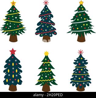 Set di 6 pezzi di alberi di Natale decorati su sfondo bianco - illustrazione Vector Illustrazione Vettoriale