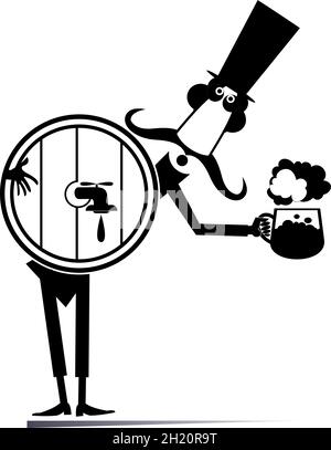 Uomo cartoon, tazza birra e grande tun di illustrazione birra. Divertente baffle lungo uomo nel cappello superiore versare la birra dalla tuna nella tazza di birra nero su w Illustrazione Vettoriale