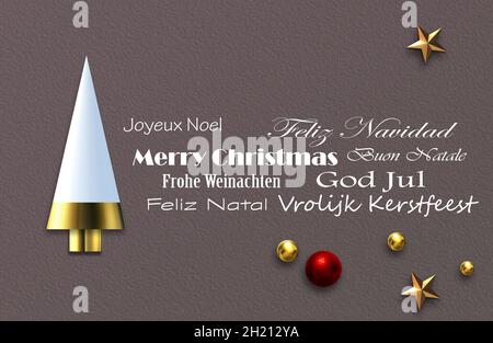 Buon biglietto da visita di Natale. Auguri di Natale in lingua europea Inglese, Francese, Tedesco, Portoghese, Italiano, Spagnolo, svedese, olandese, a forma di candela di colore grigio pastello. Albero di Natale, rendering 3D Foto Stock