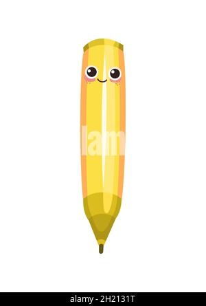 Penna con punta in feltro giallo. Allegro carino personaggio cartoon. Buon umore. Carattere con un sorriso. Cancelleria per disegno e creatività. L'oggetto è isolato Illustrazione Vettoriale