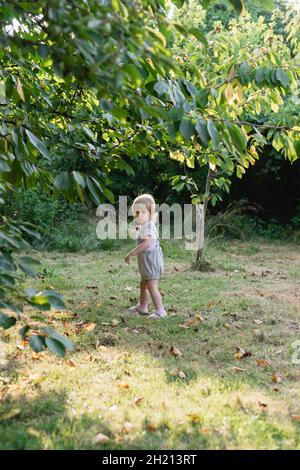 Una bambina solitaria scende lungo il sentiero nel greto della foresta. Bimbo Foto Stock