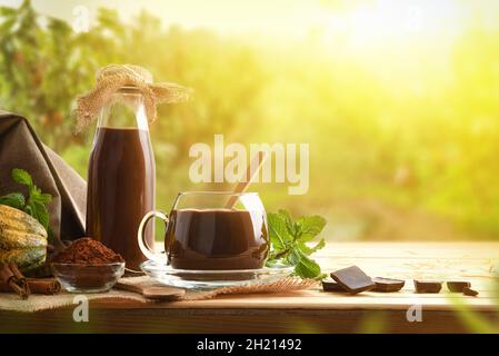 Tazza di cioccolato liquido organico in una tazza di vetro su un tavolo di legno con pezzo e cioccolato in piantagione di cacao. Vista frontale. Composizione orizzontale. Foto Stock