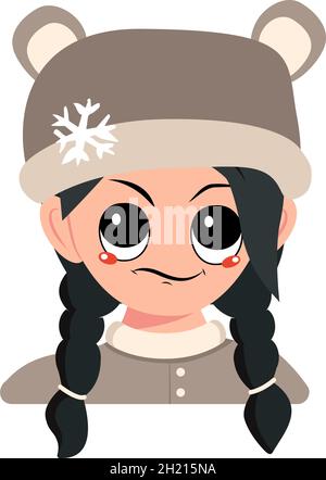 Ragazza con emozioni di occhi sospettosi e dispiaciuti e capelli neri in cappello di orso con fiocco di neve. Bambino carino con espressione infastidita in headdress di inverno. Testa di bambino adorabile con emozioni Illustrazione Vettoriale