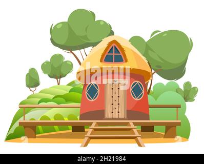 Bungalow spiaggia. Esterno dell'edificio. Casa nella natura. Realizzato con materiali da costruzione tradizionali. Vicino all'orto e frutteto Trees.VA capanna Illustrazione Vettoriale