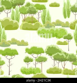 Campagna estate bellissimo paesaggio. Ripetizione senza giunture. Stile cartone animato. Alberi e arbusti. Bellezza romantica. Sfondo. Illustrazione del design piatto. Arte vettoriale Illustrazione Vettoriale