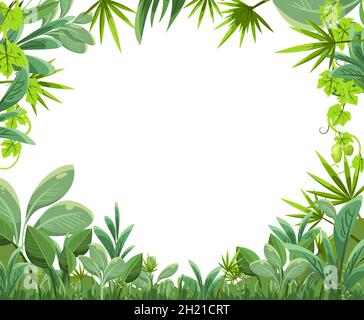Giungla ispessimenti cornice. Verdi alberi tropicali, erbe e arbusti. Stile cartoon piatto. Verde paesaggio esotico. Isolato su sfondo bianco. Vettore. Illustrazione Vettoriale