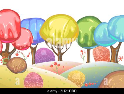 Sfondo caramella. Cartoon dolce terra. Perline di gelatina, gelato e caramello. Cioccolato. Carino paesaggio fairy bambini. Isolato fantastico Illustrazione Vettoriale