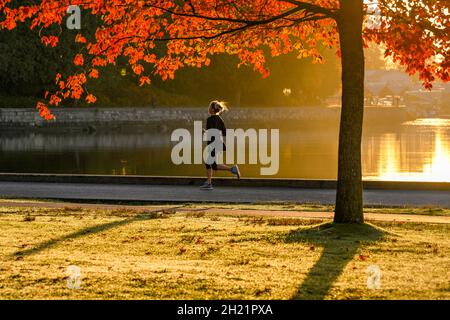Donna jogging, Seawall, Stanley Park, Vancouver, British Columbia, Canada Foto Stock