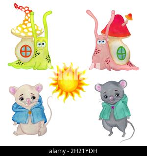 Set di personaggi animati. Topi, lumache e il sole. Isolato su sfondo bianco. Illustrazione dell'acquerello disegnata a mano dai bambini. Foto Stock