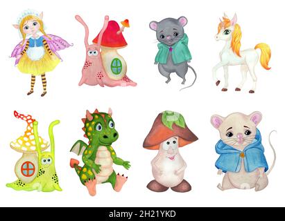 Set di personaggi animati. Topi, lumache, fata, unicorno, drago e fungo. Isolato su sfondo bianco. Acquerello disegnato a mano per bambini Foto Stock