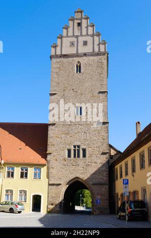 Porta Rothenburg nel centro storico, Dinkelsbuehl, Franconia media, Baviera, Germania Foto Stock