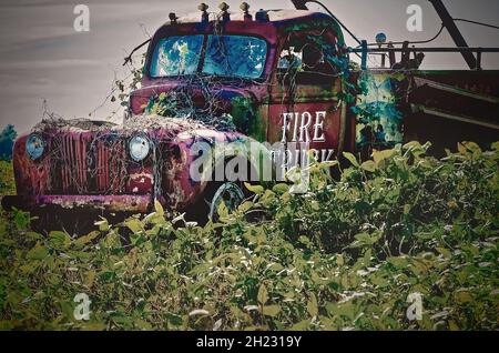 Un antico furgone americano Lafrance degli anni '40 si trova in un campo sull'autostrada 98, 16 ottobre 2021, a Fairhope, Alabama. Foto Stock