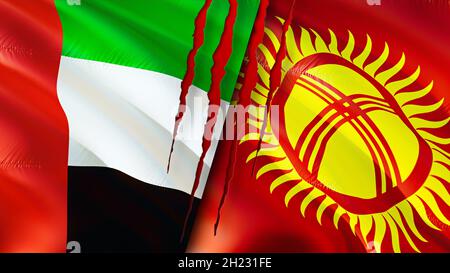 Bandiere di Emirates e Kirghizistan con concetto di cicatrice. Flag di ondulazione,rendering 3D. Kirghizistan e UAE concetto di conflitto. Emirati Arabi Uniti Kirghizistan relati Foto Stock