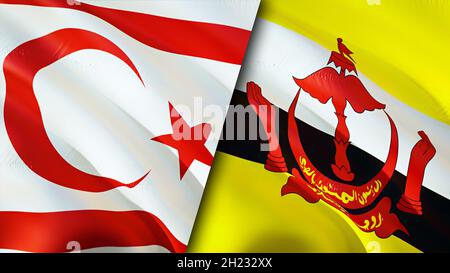Cipro settentrionale e bandiere Brunei. Progettazione di bandiere ondulate 3D. Cipro settentrionale bandiera Brunei, foto, carta da parati. Cipro settentrionale vs immagine Brunei, rendering 3D Foto Stock