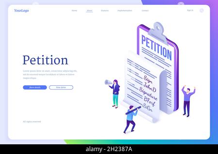 Banner di petizione. Concetto di documento con reclamo o appello, agitazione per richiesta di segno. Landing page vettoriale con illustrazione isometrica delle persone e petizione con firma negli appunti Illustrazione Vettoriale