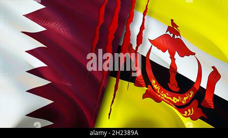 Bandiere di Qatar e Brunei con concetto di cicatrice. Flag di ondulazione,rendering 3D. Brunei e Qatar concetto di conflitto. Qatar Brunei concetto di relazioni. Bandiera del Qatar a Foto Stock