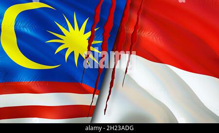Bandiere malesi e indonesiane con concetto di cicatrice. Flag di ondulazione,rendering 3D. Concetto di conflitto tra Malesia e Indonesia. Malaysia Indonesia relazioni concep Foto Stock