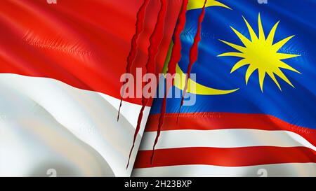 Bandiere indonesiane e malesi con concetto di cicatrice. Flag di ondulazione,rendering 3D. Il concetto di conflitto tra Indonesia e Malesia. Indonesia Malaysia relazioni concep Foto Stock