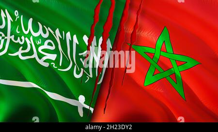 Bandiere dell'Arabia Saudita e del Marocco con concetto di cicatrice. Flag di ondulazione,rendering 3D. Concetto di conflitto tra Marocco e Arabia Saudita. Arabia Saudita Marocco relazioni Foto Stock