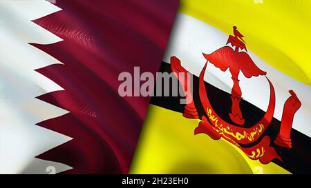 Bandiere del Qatar e del Brunei. Progettazione di bandiere ondulate 3D. Bandiera del Brunei Qatar, foto, sfondo. Immagine Qatar vs Brunei,rendering 3D. Qatar Brunei relazioni allia Foto Stock